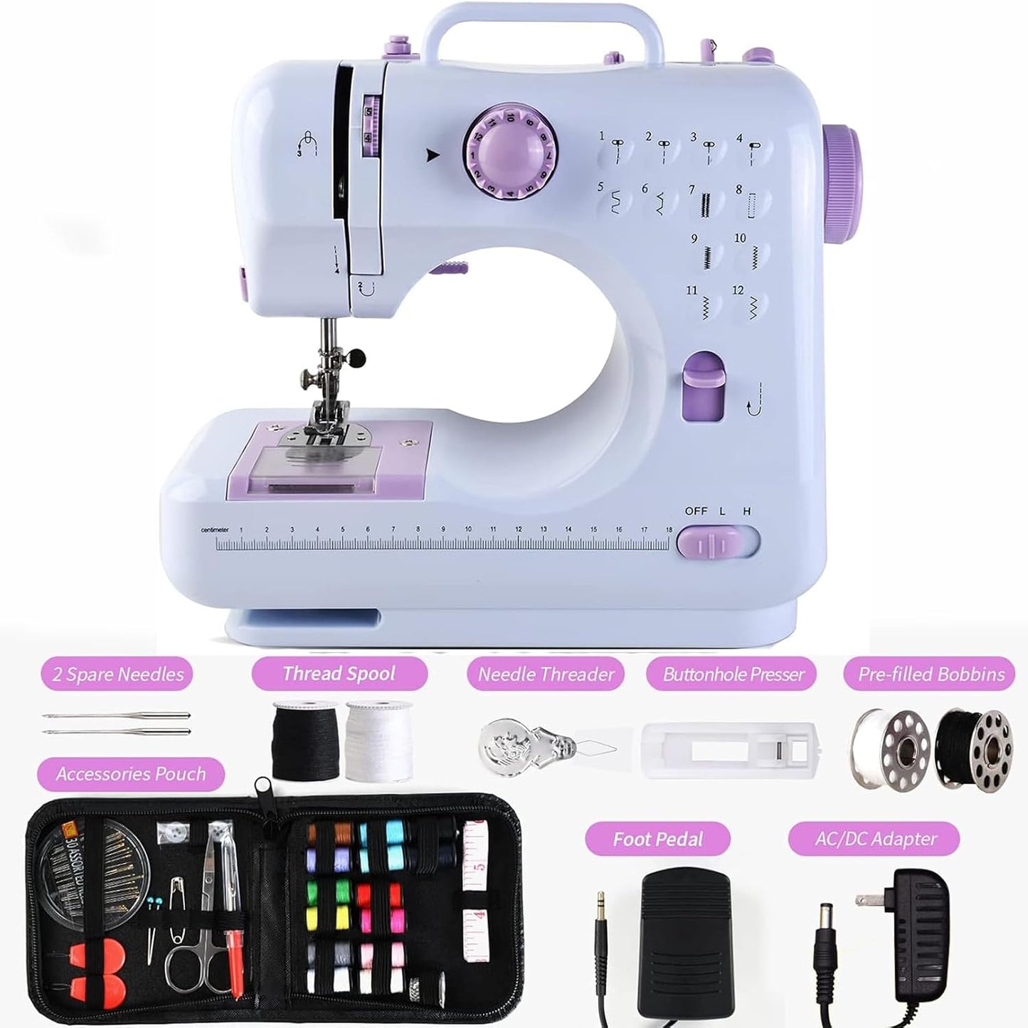 WATMXAWAY Sewing Machine for Beginners 12 Built-in Stitches Mini with Accessory Kit 2 Speed Foot Pedal
