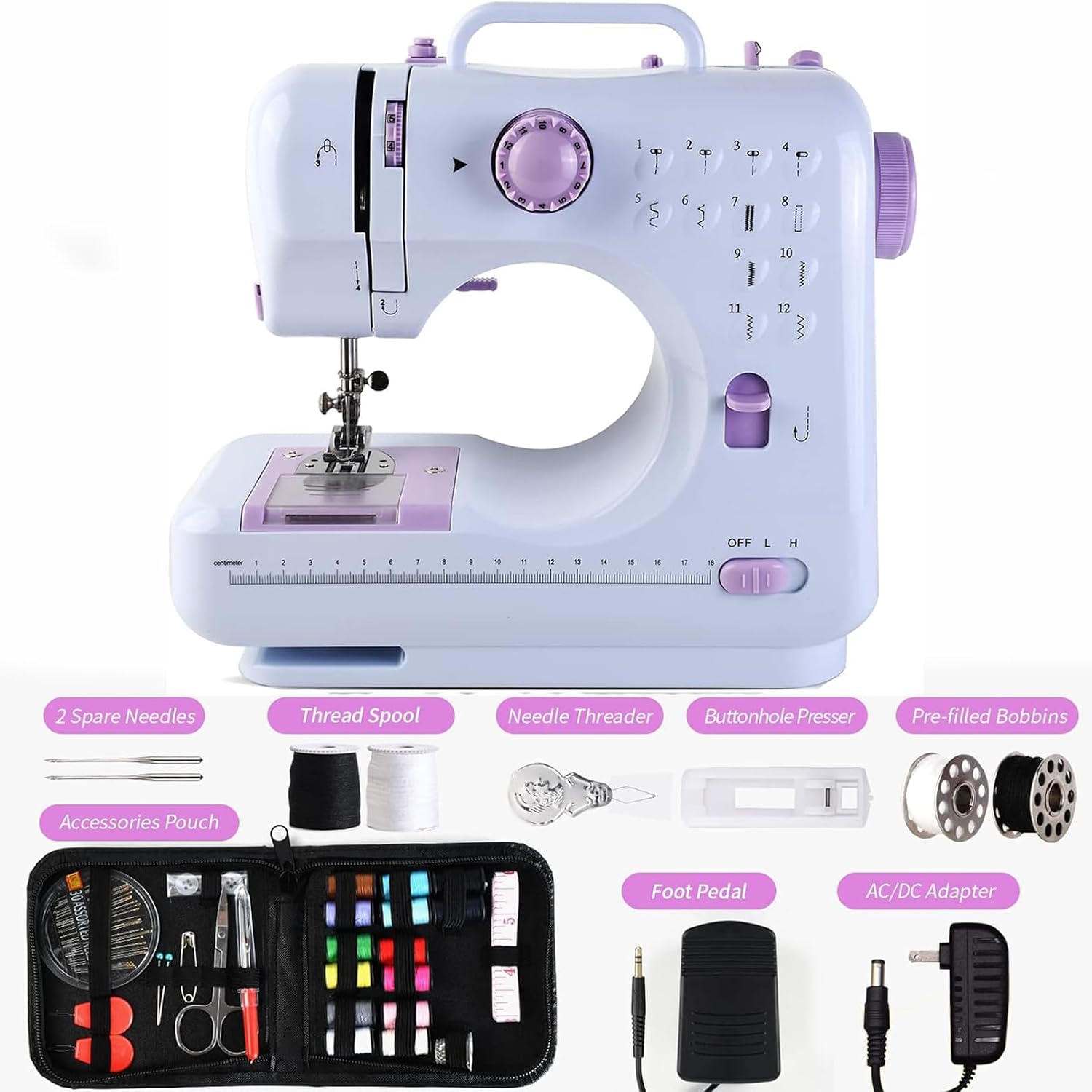 WATMXAWAY Sewing Machine for Beginners 12 Built-in Stitches Mini with Accessory Kit 2 Speed Foot Pedal