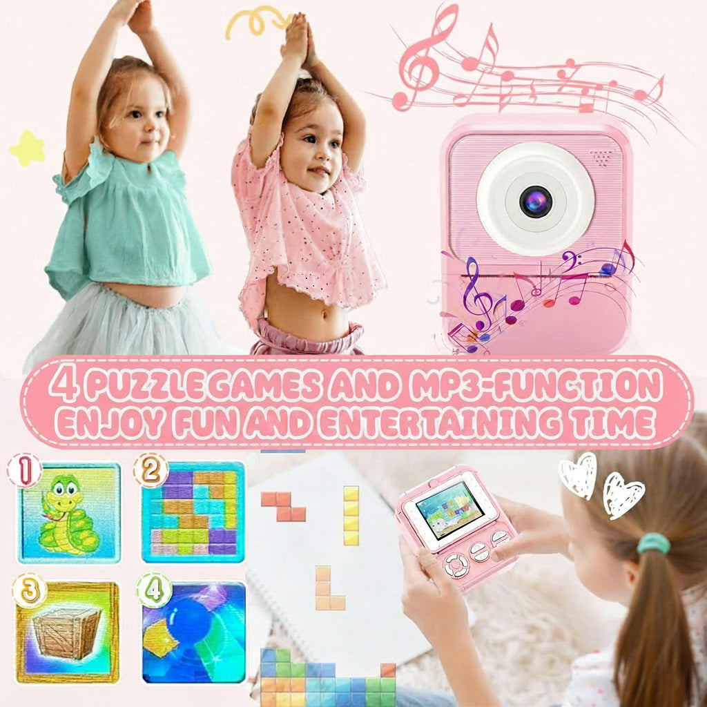 Korffe P7 Children's Instant Camera with 3 Rolls Printing Paper 32GB Card 2.4 Inch Screen 6 Coloured Pens