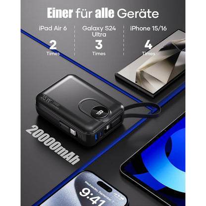 20000 mAh Fast‑Charging Power Bank with Built‑In USB‑C Cable