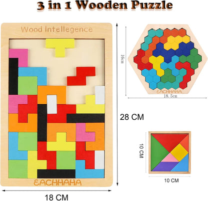 3-in-1 Wooden Tangram Puzzle Set, Bright Colors, 61 Pieces