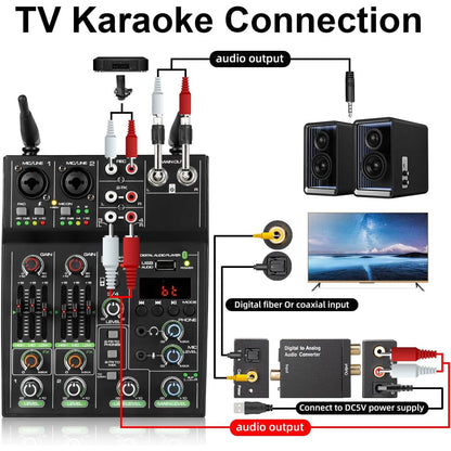 Depusheng 4‑Channel Audio Mixer with Dual Wireless Mic