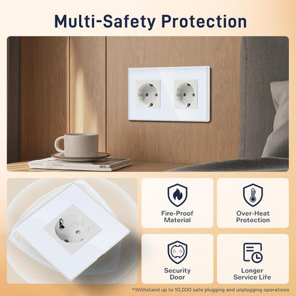 BSEED Double Schuko Socket with Crystal Glass Plate for Electrical Outlets