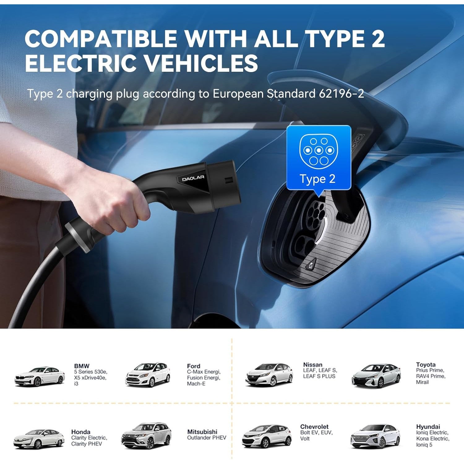 DAOLAR Portable Type 2 EV Charger: Adjustable 6-16A Three-Phase Smart Charging