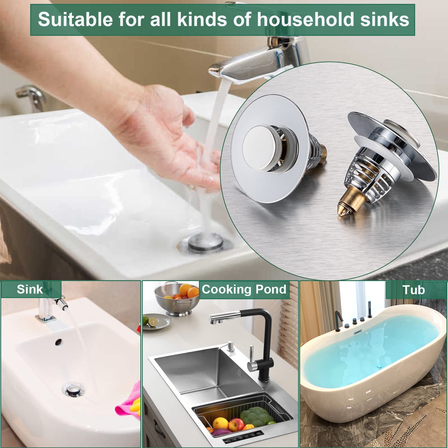 HIYOUNG Universal Pop-Up Sink Stopper – Anti-Clog Drain Filter for 1.06‑1.61" Holes