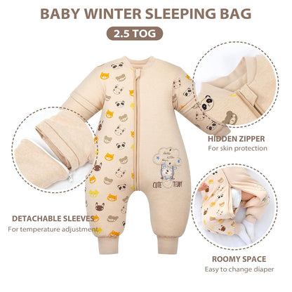 Cozy Bear-Themed Warm Lined Baby Sleeping Bag with Removable Sleeves