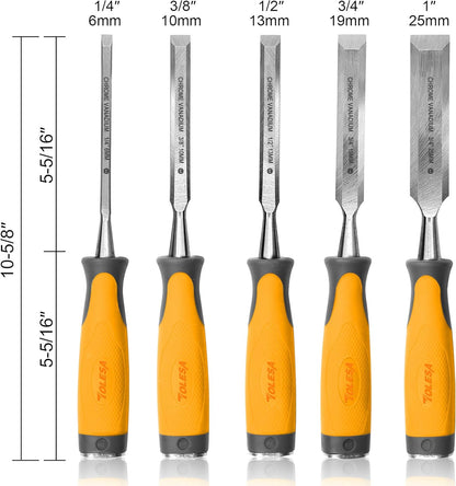 TOLESA 5-Piece Wood Chisel Set Cr-V Steel Soft Grip