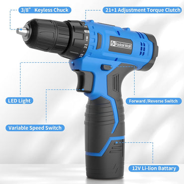 FADAKWALT 12V 3/8" Cordless Drill/Driver Kit with 1.3Ah Battery