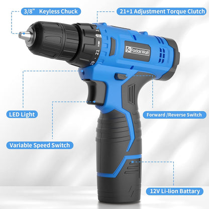 FADAKWALT 12V 3/8" Cordless Drill/Driver Kit with 1.3Ah Battery