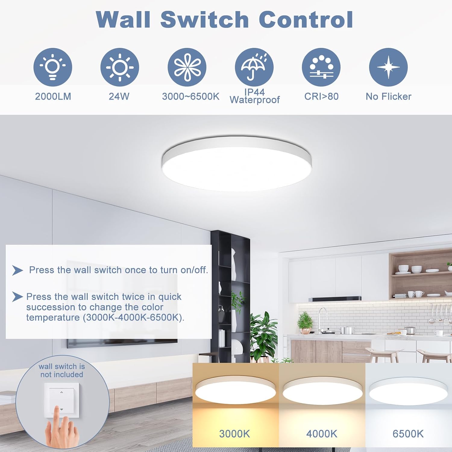 OUILA Dimmable LED Ceiling Light 24W with Remote Control 3000K-6500K IP44 Waterproof Ø28cm 2000LM Modern Ceiling Lamp for Bedroom Kitchen Living Room