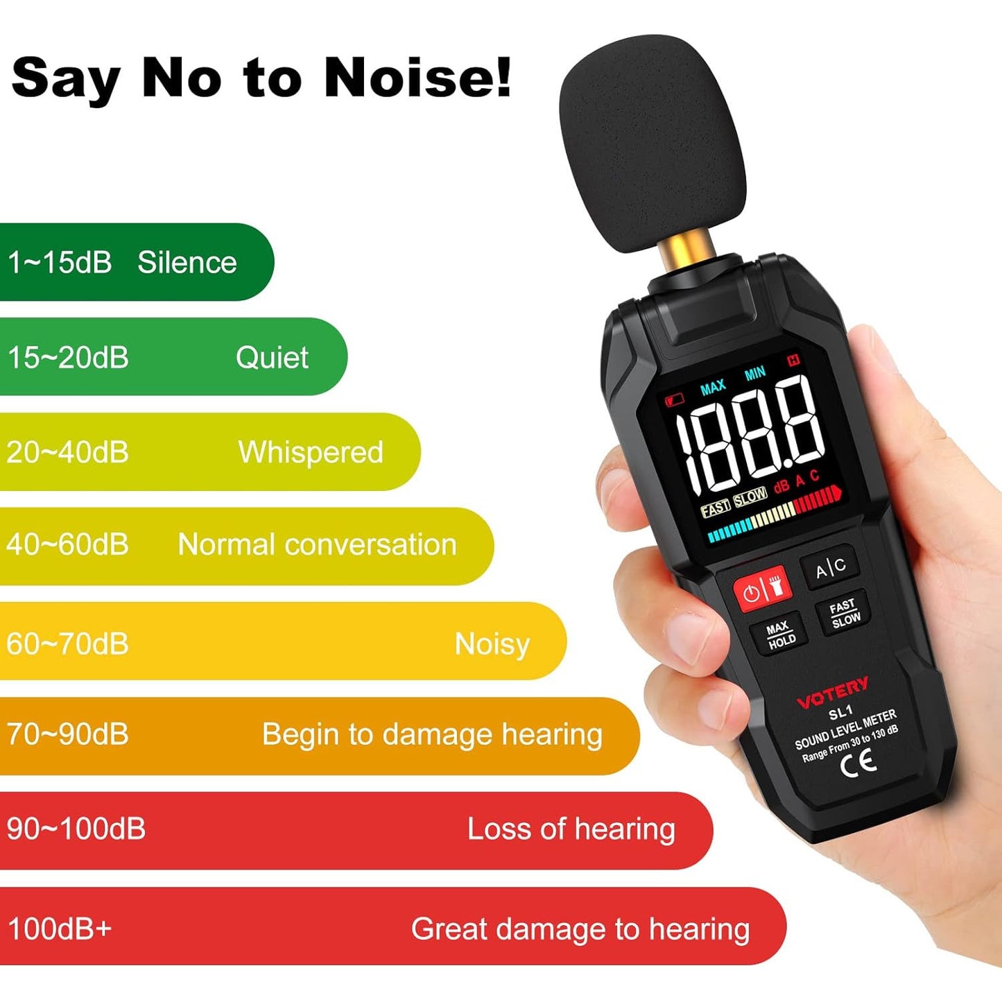 Votery Portable Digital Decibel Meter 30-130 dB A/C Weighted