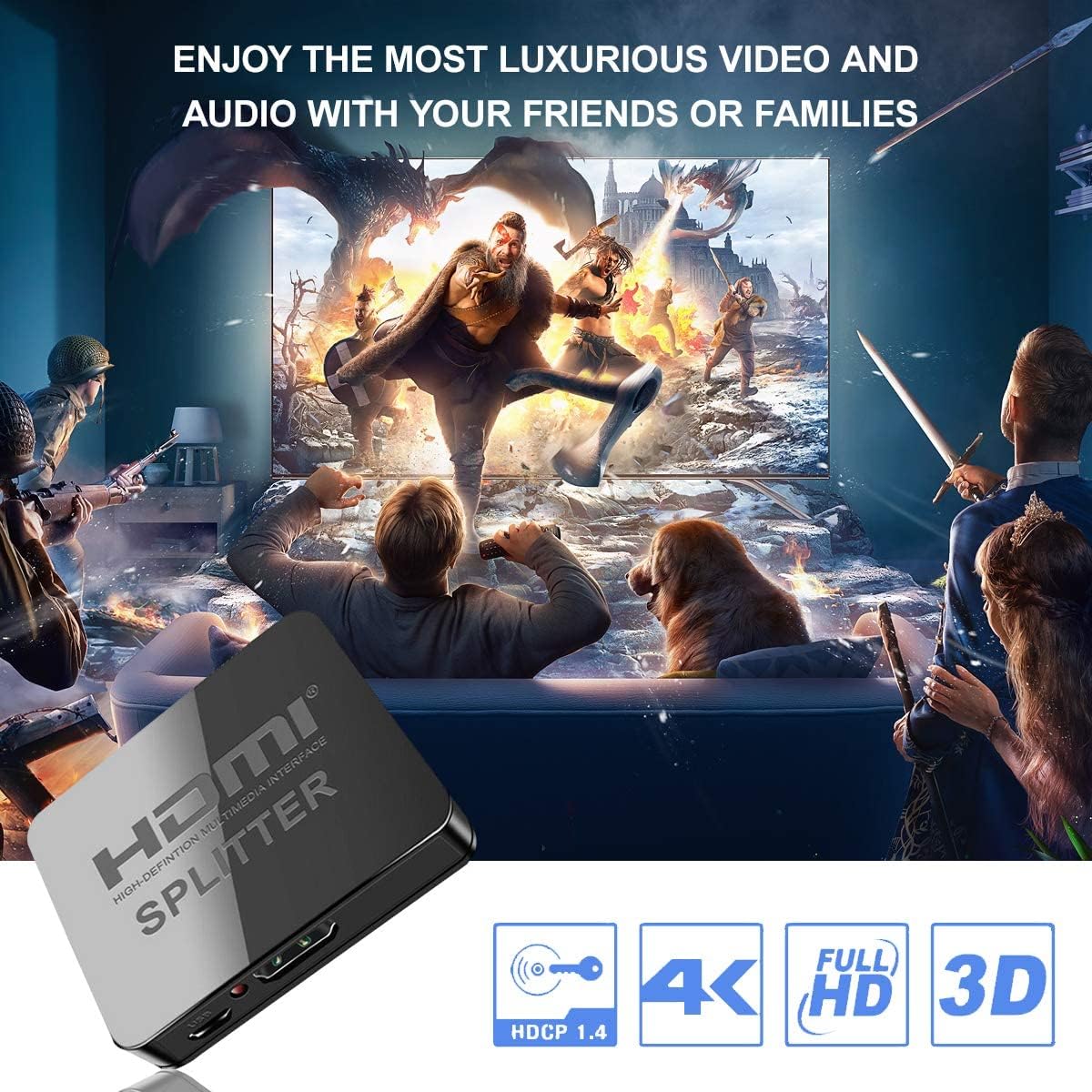 VAV 1x2 HDMI Splitter 4K 30Hz 1 in 2 Out Amplifier for Dual Monitors Supports 3D 1080P for Xbox PS4 Fire Stick Blu Ray Apple TV