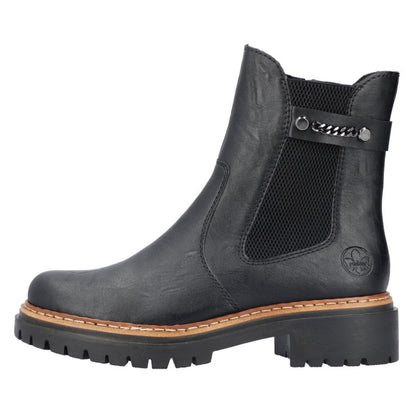 Rieker Women's Black Chelsea Ankle Boot with Zip and Chain