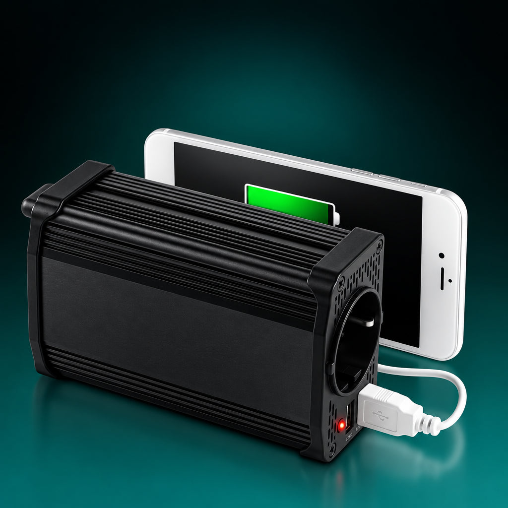 Black Odoga portable power bank shown with a white USB cable plugged in and a smartphone behind it on a dark teal-to-black gradient background, with Ukrainian text callouts around the product.