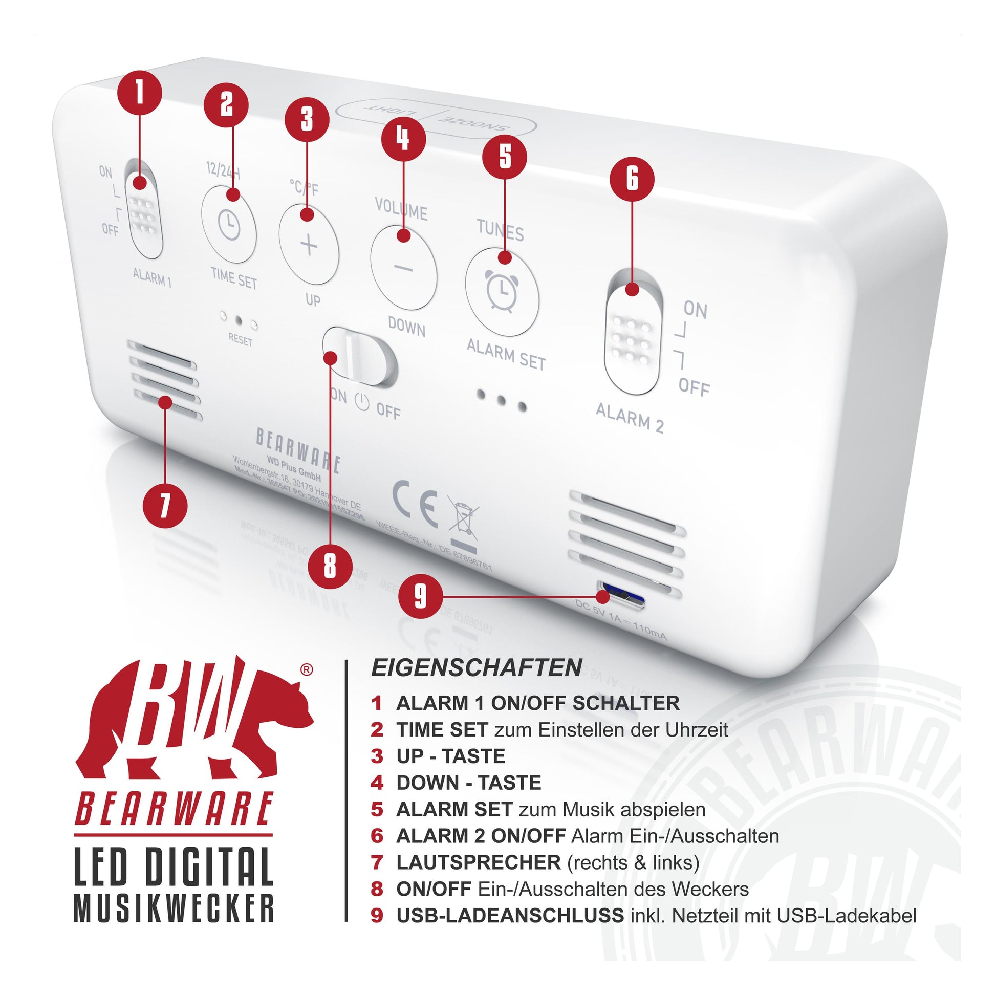 Bearware Music Alarm Clock White