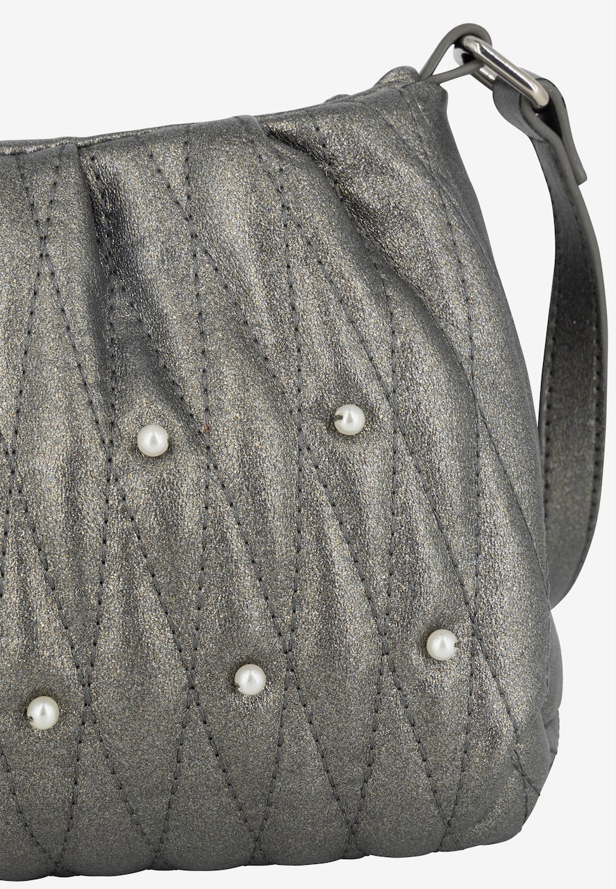 LYNNEA Evening Crossbody with Gold Pom Pom – Metallic Silver
