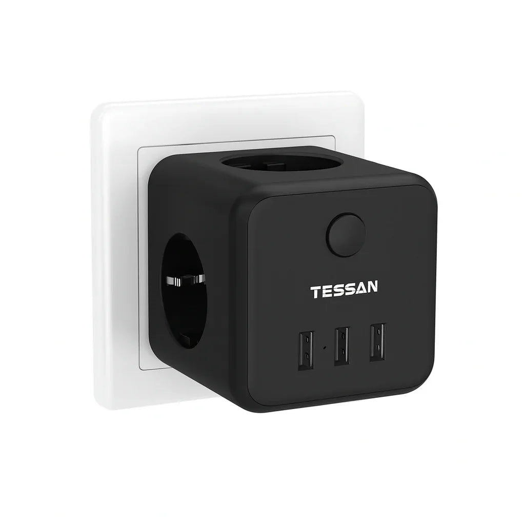 TESSAN TS-301-DE 6-in-1 German EU Wall Power Strip: 3 AC, 3 USB, Overload Protection - Gomix Brands Outlet