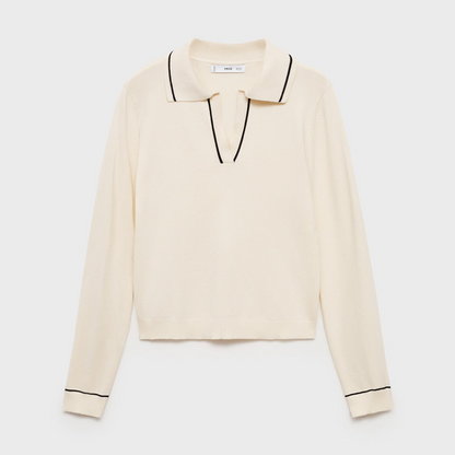 Chic Knit Polo Collar Long Sleeve Pullover Sweater with Contrast Stripes