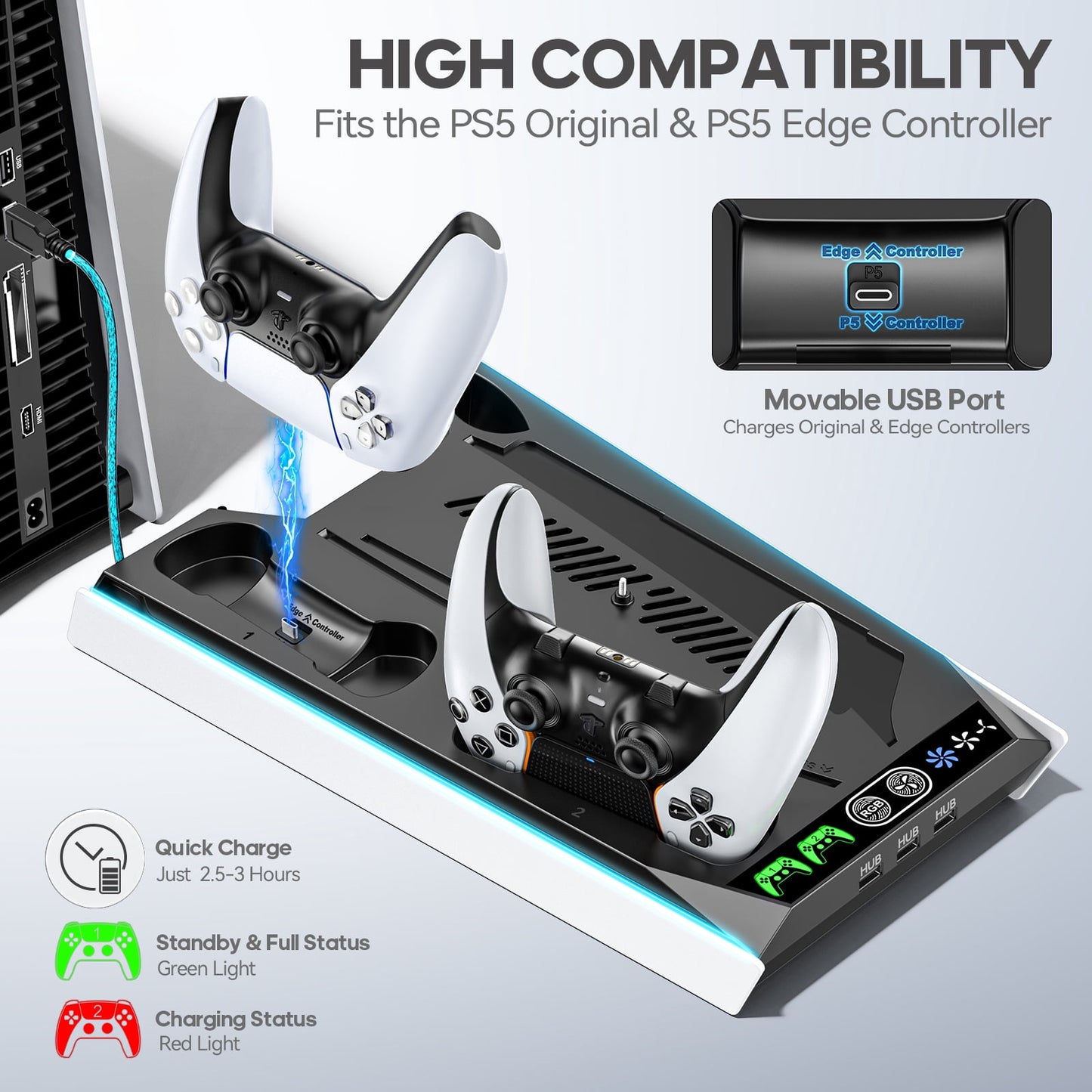 Kytok PS5 Slim Stand Cooling Station with Controller Charger & RGB Lighting Black