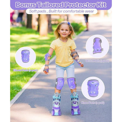 Adjustable Kids Roller Skates with Protective Gear Set, LED Light-Up Wheels