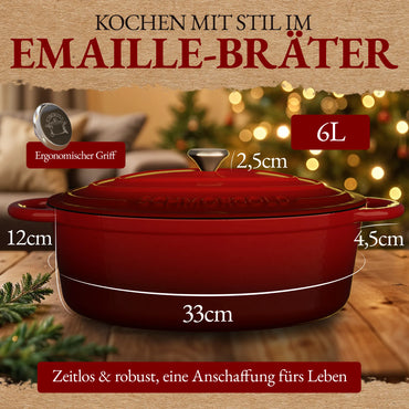 SCHMORGOLD XL Enamelled Cast Iron Oval Roaster - 13-inch, 6.34-Quart Capacity