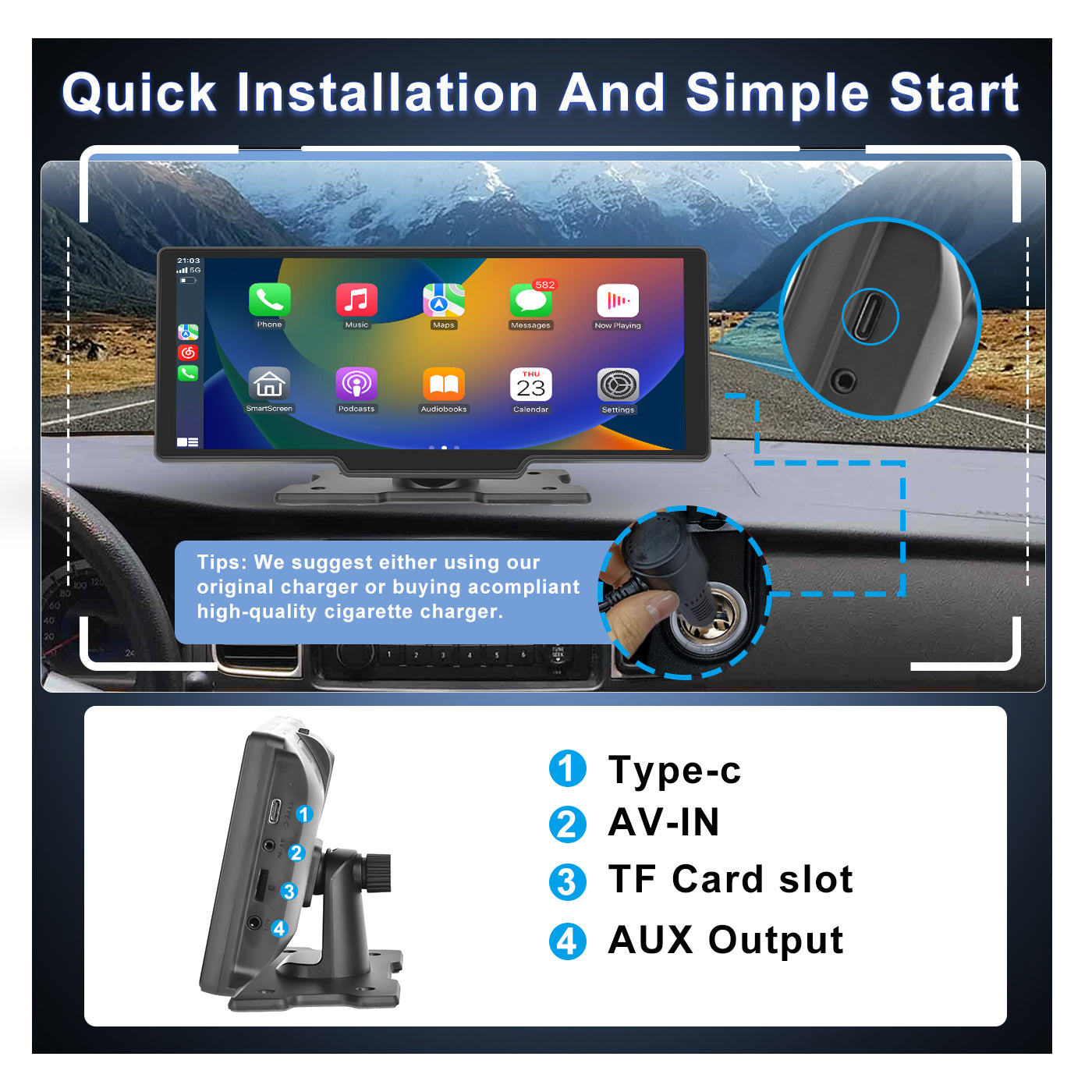 PODOFO 9.3‑Inch Wireless CarPlay & Android Auto Plug‑Play Screen