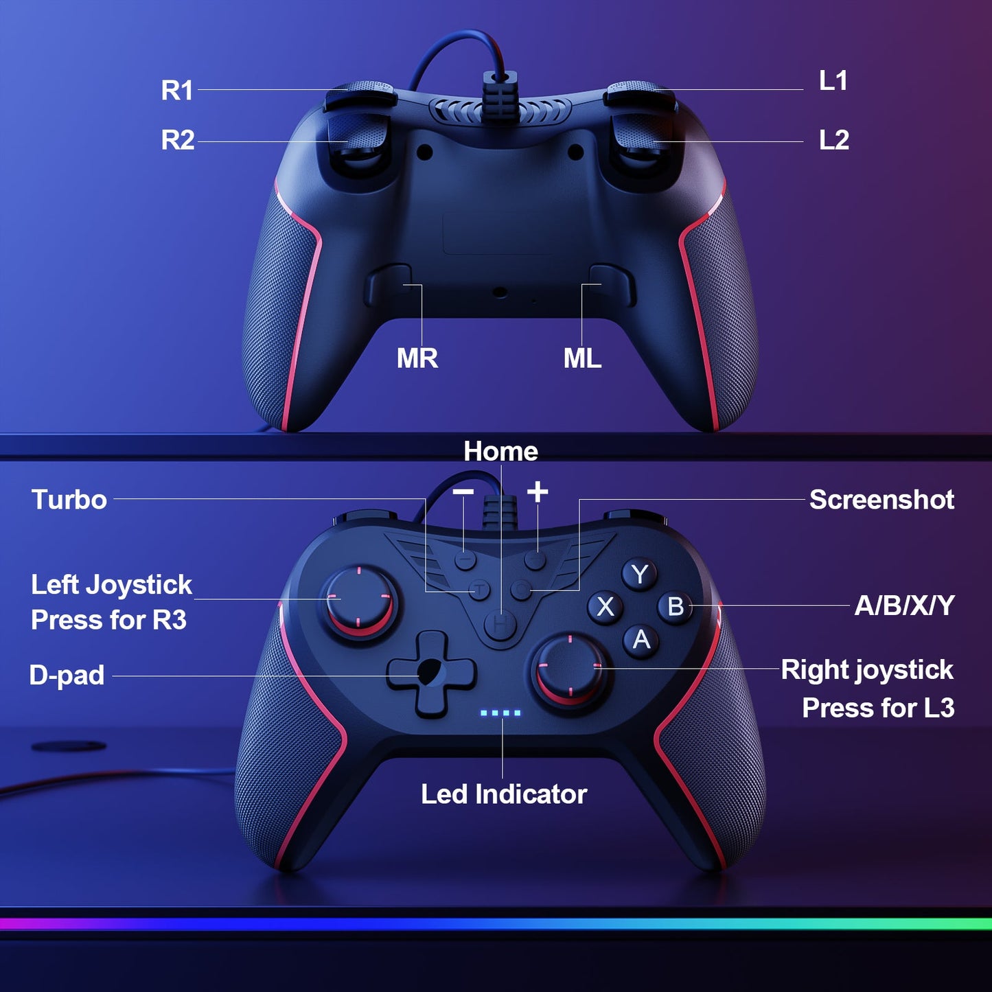 CHEREEKI T43 Wired PC Controller with 2 Mapping Buttons Multicolor
