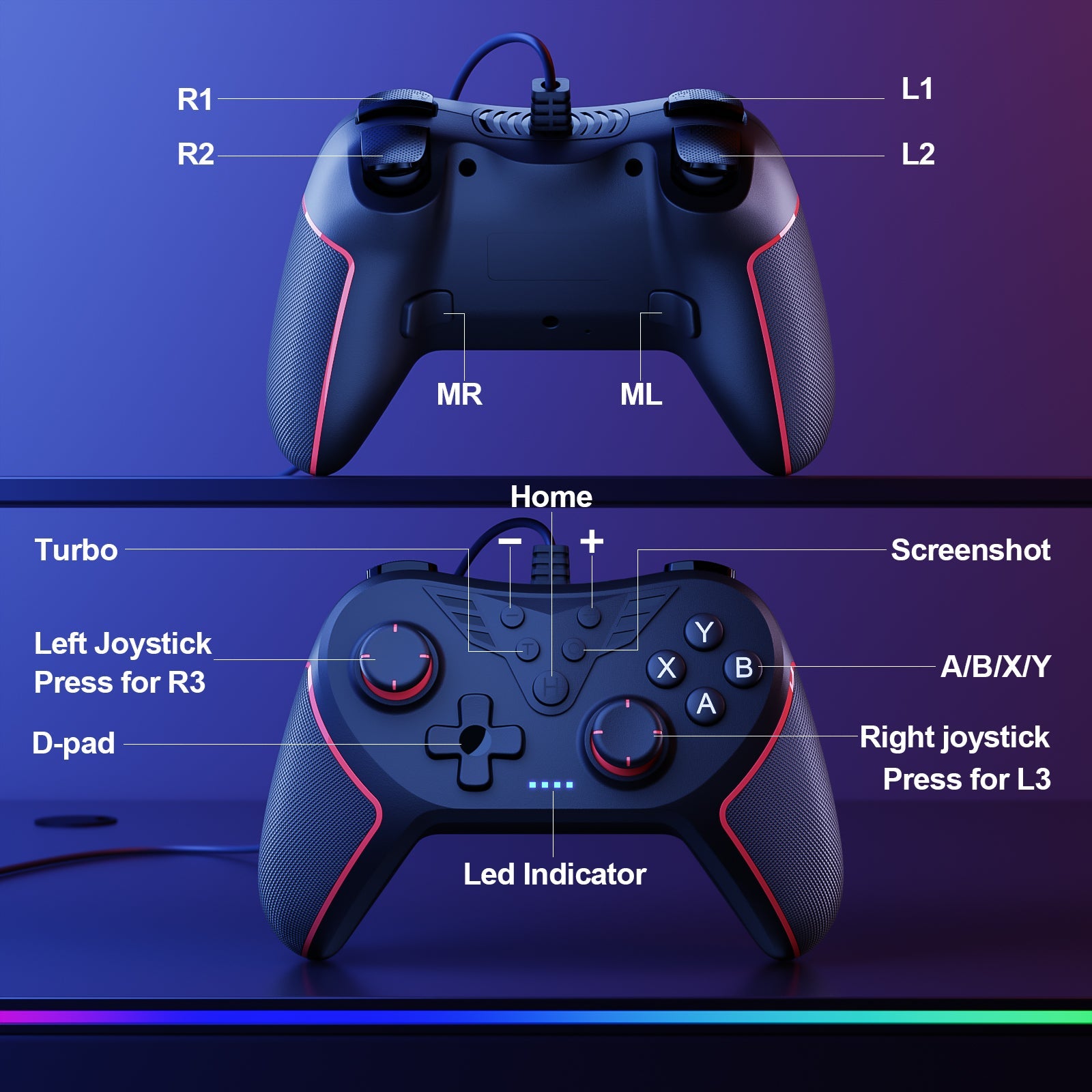 CHEREEKI T43 Wired PC Controller with 2 Mapping Buttons Multicolor