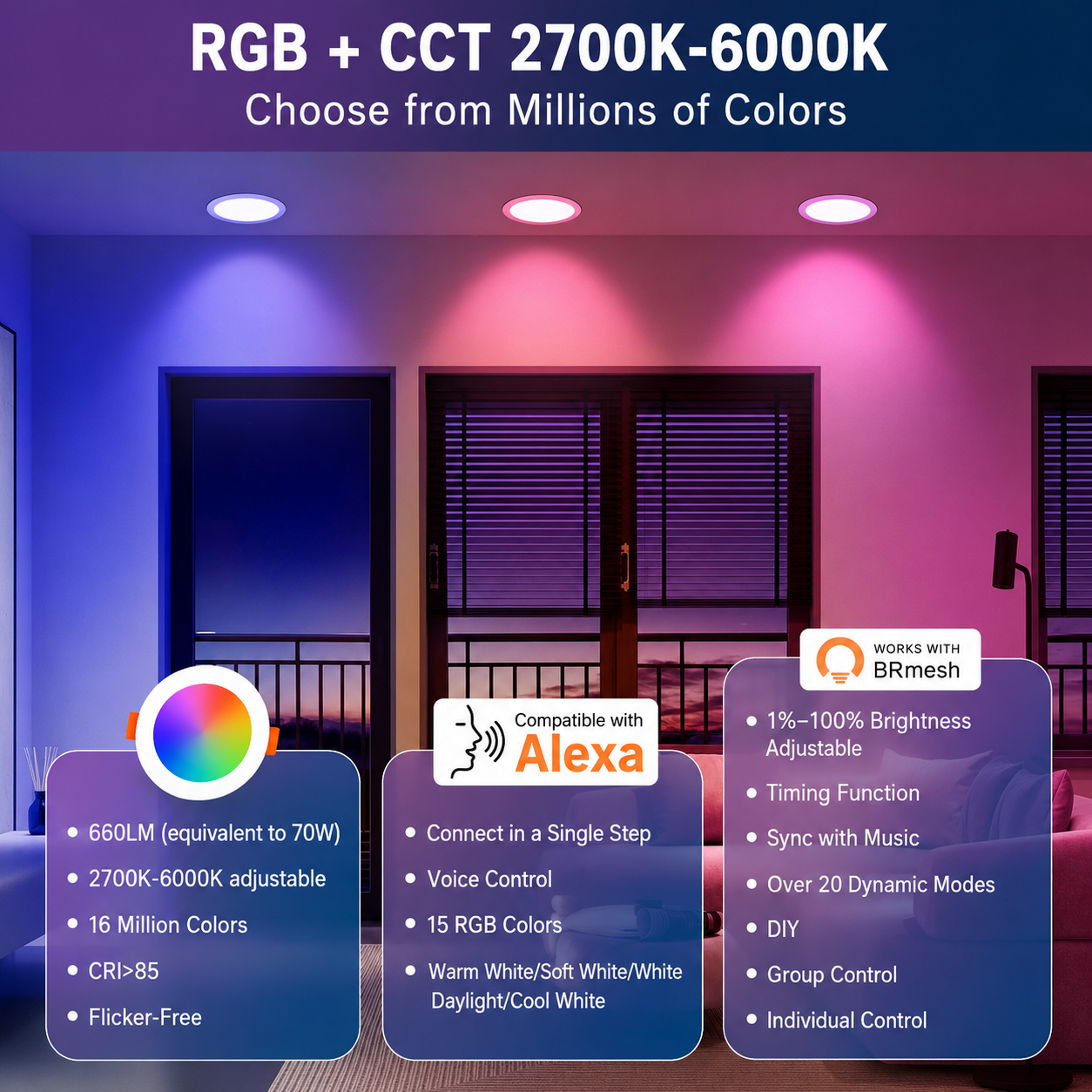 DUSKTEC TD3C001 RGB LED Recessed Downlights Alexa 2700K-6000K
