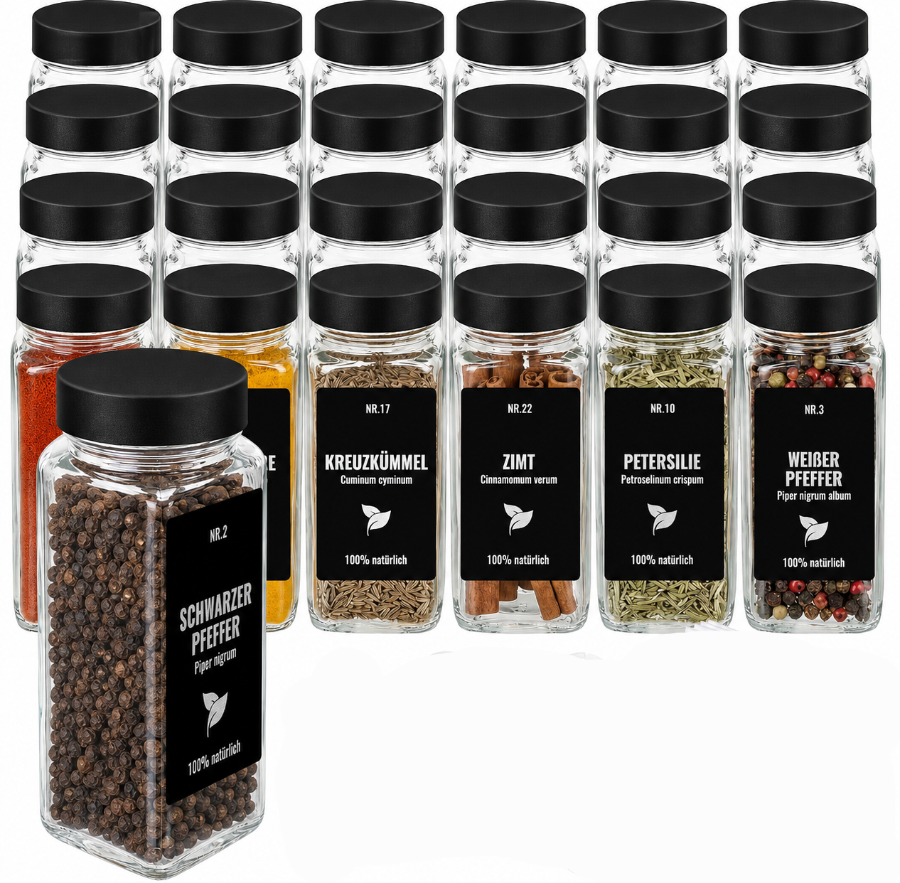Spice Jars Glass 24-Pack 120ml Black Lids Labels Funnel