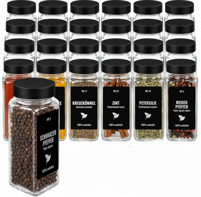 Spice Jars Glass 24-Pack 120ml Black Lids Labels Funnel