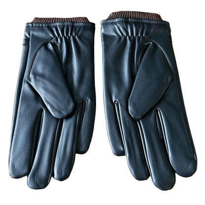 Men's Black Leather-Look Fleece-Lined Winter Gloves - Size Large, Warm & Stylish