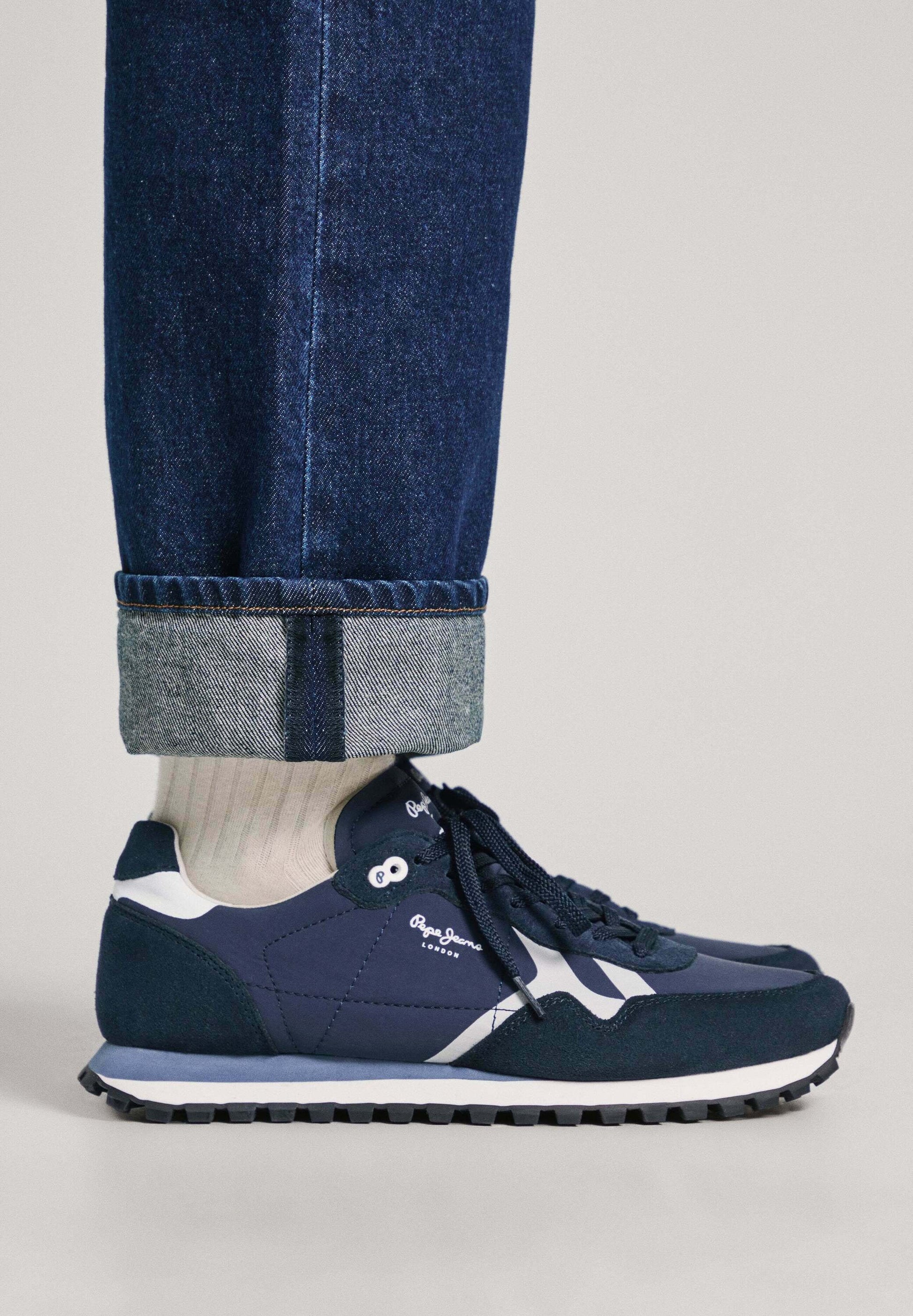 Pepe Jeans Brit-On Navy Blue Suede Mesh Athletic Trainers Fashion Sneakers