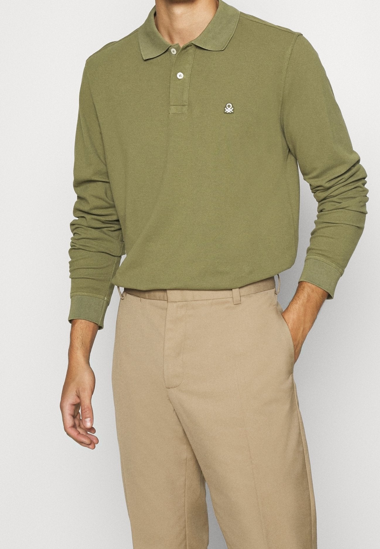 United Colors of Benetton Men's Dark Green Cotton Piqué Long Sleeve Polo