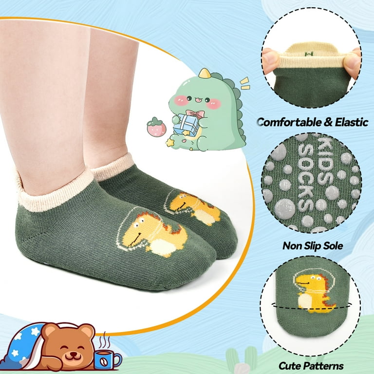6 Pairs Toddler Non-Slip Grip Ankle Socks with Cute Animal Cartoon Designs