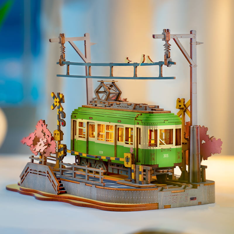 Enchanting Sakura Journey TGS02 Wooden 3D Tram Model Kit with LED Lights
