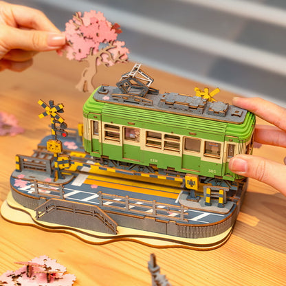 Enchanting Sakura Journey TGS02 Wooden 3D Tram Model Kit with LED Lights
