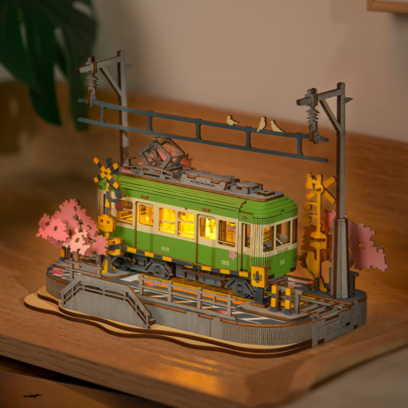 Enchanting Sakura Journey TGS02 Wooden 3D Tram Model Kit with LED Lights