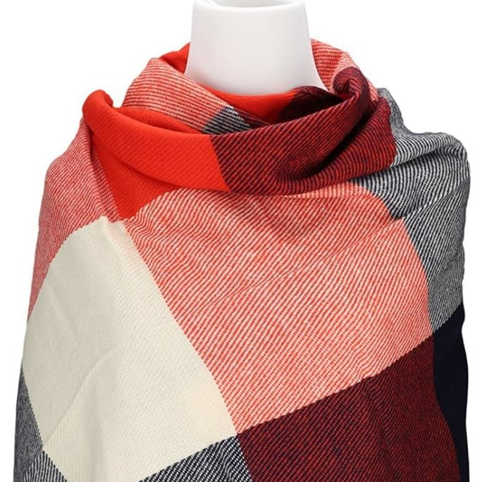 Cozy Long Women's Plaid Cashmere-Blend Winter Shawl Scarf with Tassel