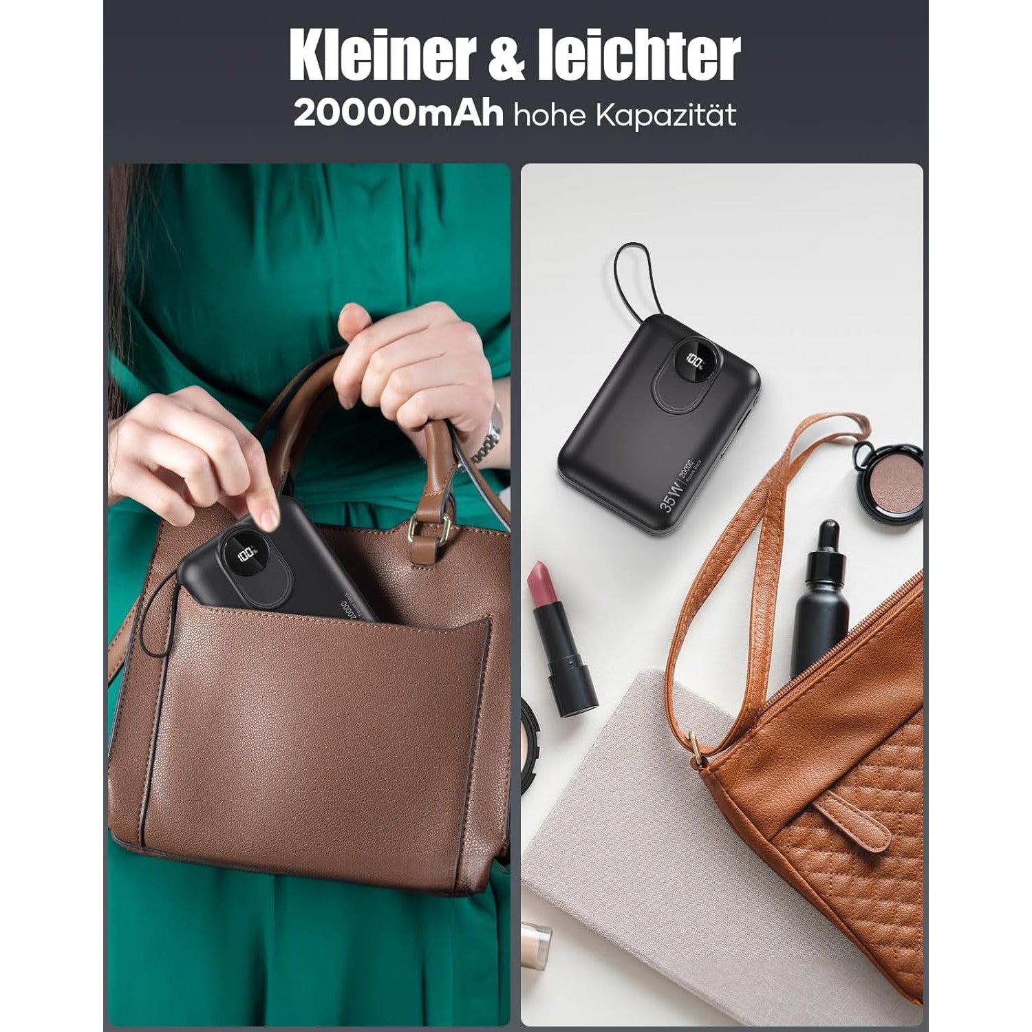 20000 mAh Fast‑Charging Power Bank with Built‑In USB‑C Cable