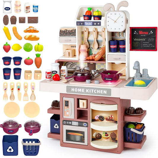 deAO Red Kids Kitchen Playset with Light, Steam, Water
