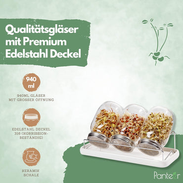 Panteer 940ml Sprout Jar Set with Stainless Lid and Strainer