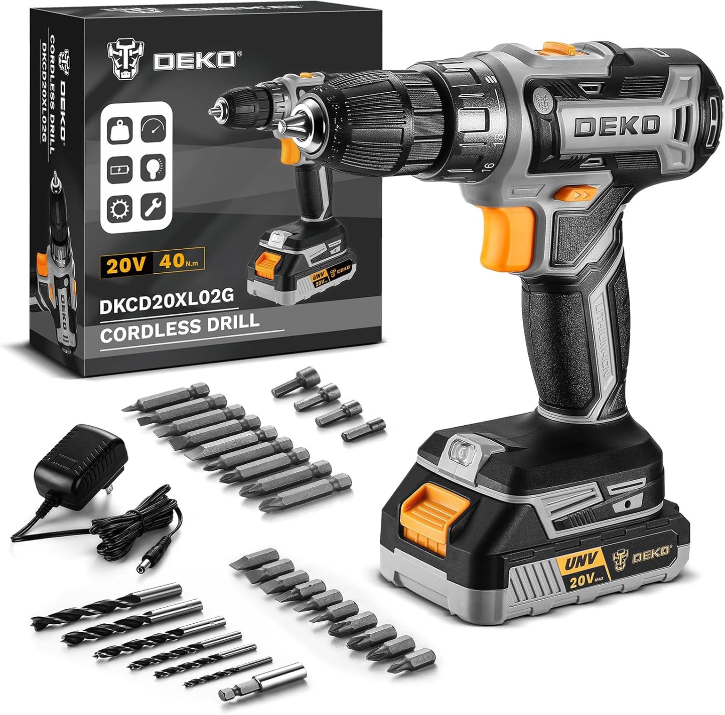 DEKOPRO 20V Cordless Drill with Battery and 10‑Bit Kit