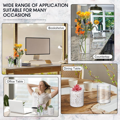 Vesici 20 Pcs Plastic Cylinder Vase Acrylic Cylinder Vase Bulk Small Clear Flower Container Hurricane Candle Holder Round Wide Container Centerpiece for Home Office Wedding Decorations (4 Inch)