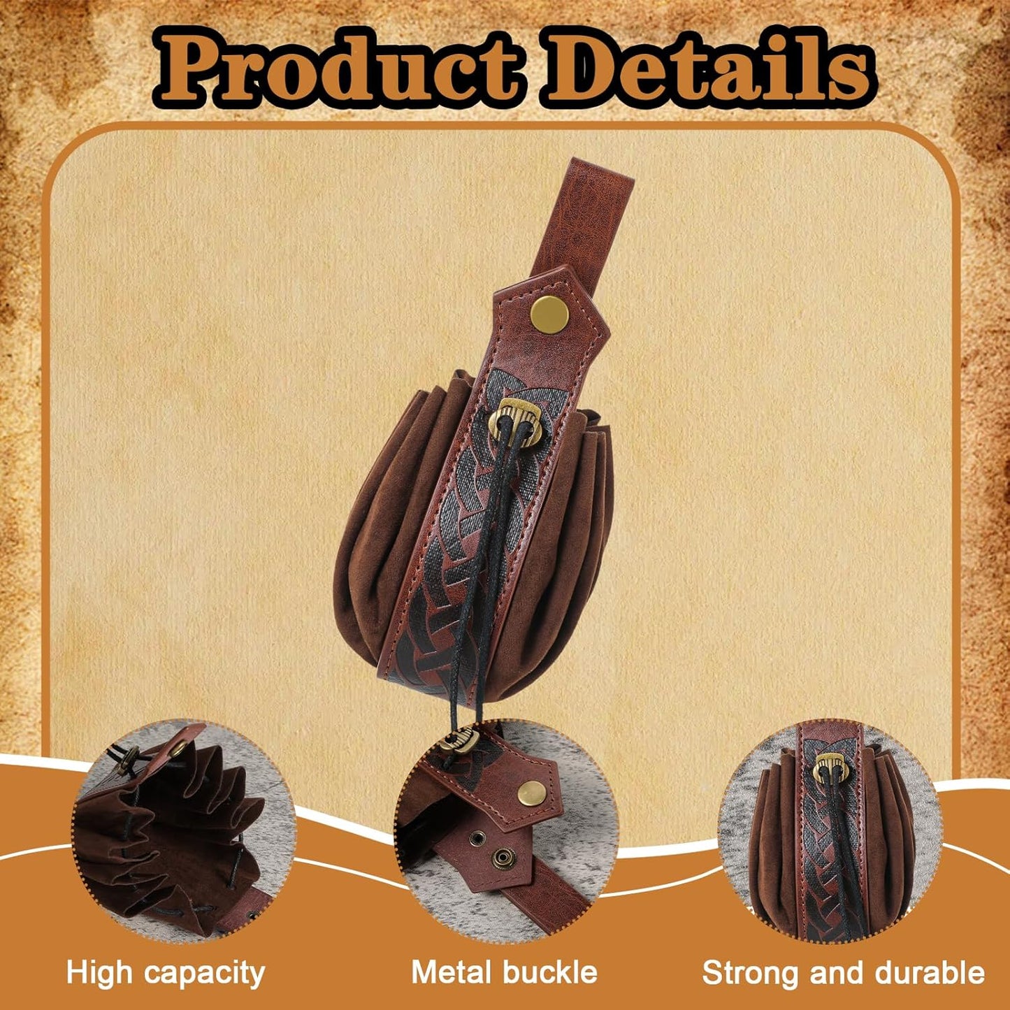 Brown Medieval Faux Leather Coin Purse with Adjustable Drawstring