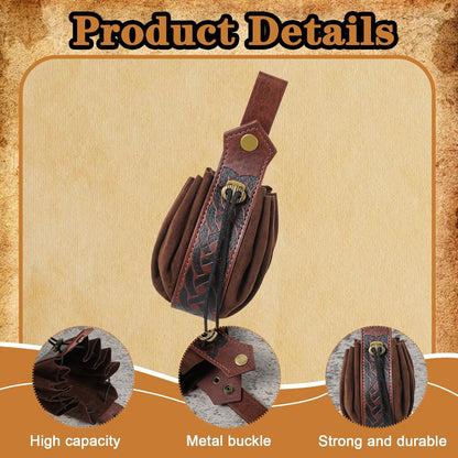 Brown Medieval Faux Leather Coin Purse with Adjustable Drawstring