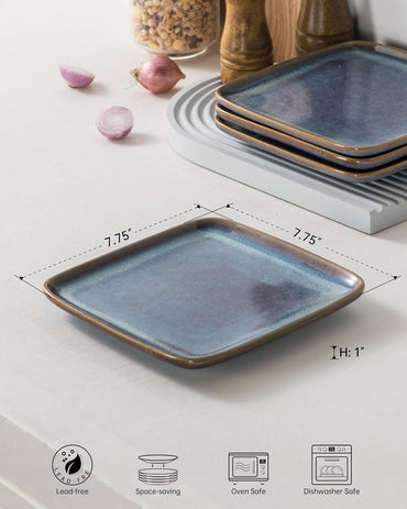 UNICASA 8-inch Square Stoneware Plates Set, Reactive Glaze, Dishwasher Microwave Safe