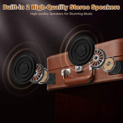 VOKSUN Brown Bluetooth Vinyl Turntable with Built‑in Stereo Speakers