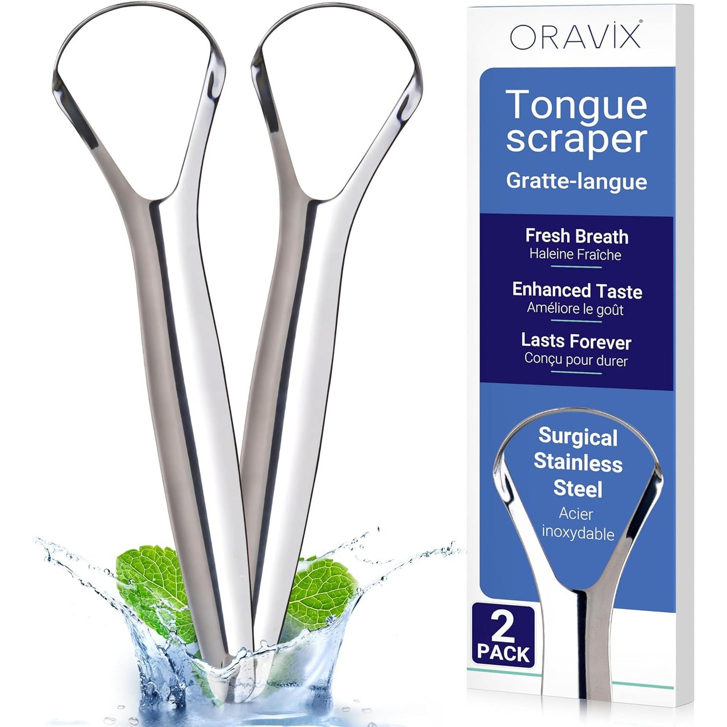 ORAVIX Stainless Steel Tongue Scraper 2-Pack for Fresh Breath