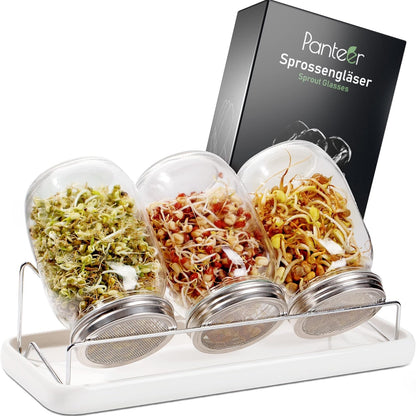 Panteer 940ml Sprout Jar Set with Stainless Lid and Strainer